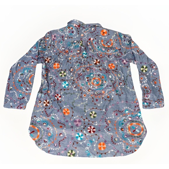 Anu Women's M Multicolored Crochet Floral Print Chambray Tunic Top V-Neck Pocket - Picture 2 of 7